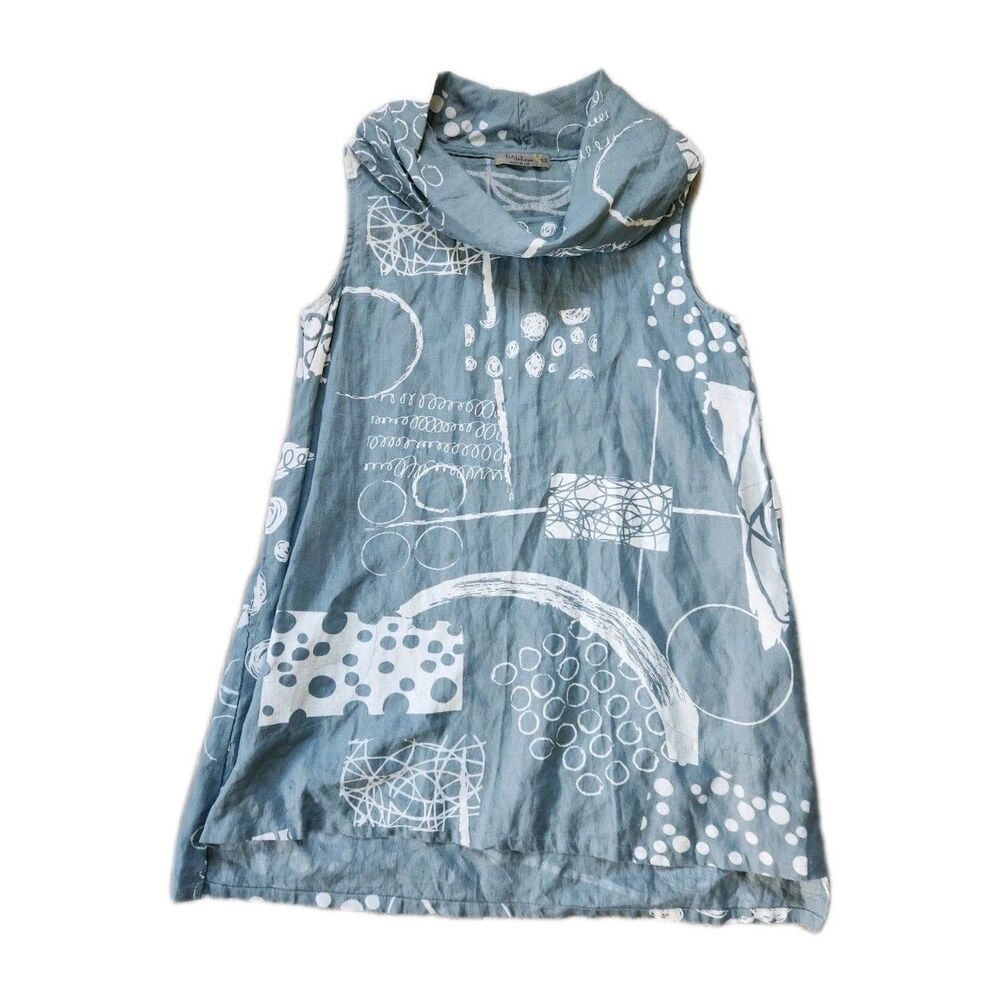 Chalet et Ceci Linen Mini Dress Womens XS Blue Abstract Print CowlNeck USA Made